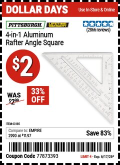 Harbor Freight Coupon PITTSBURGH 4-IN-1 ALUMINUM RAFTER ANGLE SQUARE Lot No. 63185/63140 Valid Thru: 6/17/26 - $2