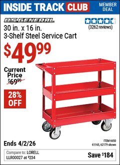 Harbor Freight Coupon U.S. GENERAL 30 IN. X 16 IN., 3-SHELF STEEL SERVICE CART, RED Lot No. 62179/6650/61165 Valid: 12/31/69 - 4/2/26 - $49.99