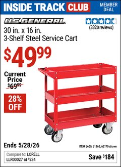 Harbor Freight ITC Coupon U.S. GENERAL 30 IN. X 16 IN., 3-SHELF STEEL SERVICE CART, RED Lot No. 62179/6650/61165 Expired: 5/28/26 - $49.99