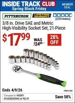 Harbor Freight ITC Coupon PITTSBURGH 3/8 IN. DRIVE SAE AND METRIC HIGH-VISIBILITY SOCKET SET, 21-PIECE Lot No. 61954 Expired: 4/9/26 - $17.99