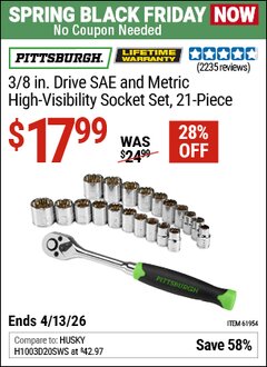 Harbor Freight Coupon PITTSBURGH 3/8 IN. DRIVE SAE AND METRIC HIGH-VISIBILITY SOCKET SET, 21-PIECE Lot No. 61954 Expired: 4/12/26 - $17.99