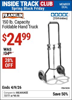 Harbor Freight ITC Coupon FRANKLIN 150 LB. CAPACITY FOLDABLE HAND TRUCK Lot No. 58298 Expired: 4/9/26 - $24.99