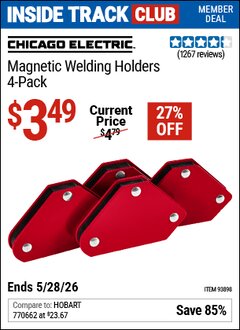 Harbor Freight ITC Coupon CHICAGO ELECTRIC MAGNETIC WELDING HOLDERS, 4-PACK Lot No. 93898 Valid Thru: 5/28/26 - $3.49