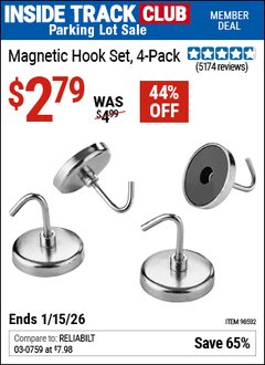 Harbor Freight ITC Coupon MAGNETIC HOOK SET, 4-PACK Lot No. 98502 Dates Valid: 12/31/69 - 1/15/26 - $2.79