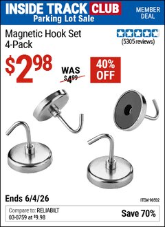 Harbor Freight ITC Coupon MAGNETIC HOOK SET, 4-PACK Lot No. 98502 Expired: 6/4/26 - $2.98
