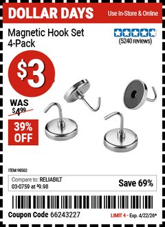 Harbor Freight Coupon MAGNETIC HOOK SET, 4-PACK Lot No. 98502 EXPIRES: 4/22/26 - $3