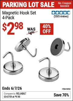 Harbor Freight Coupon MAGNETIC HOOK SET, 4-PACK Lot No. 98502 Valid Thru: 6/7/26 - $2.98