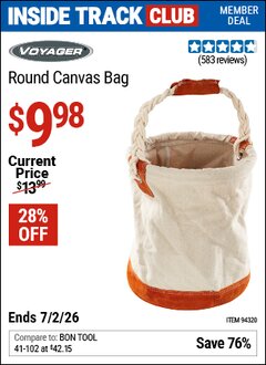 Harbor Freight Coupon VOYAGER ROUND CANVAS BAG Lot No. 94320 Valid: 12/31/69 - 7/2/26 - $9.98