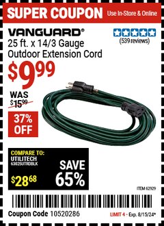 Harbor Freight Coupon VANGUARD 25 FT. X 14/3 GAUGE OUTDOOR EXTENSION CORD, GREEN Lot No. 62929 Expired: 8/15/24 - $9.99