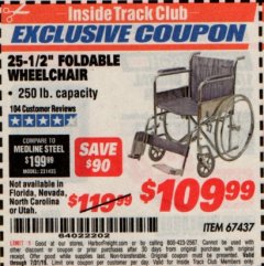Harbor Freight ITC Coupon 24" FOLDABLE WHEELCHAIR Lot No. 67437 Expired: 7/31/19 - $109.99