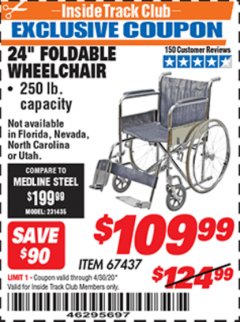 Harbor Freight ITC Coupon 24" FOLDABLE WHEELCHAIR Lot No. 67437 Expired: 4/30/20 - $109.99