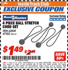 Harbor Freight ITC Coupon 4 PIECE BALL STRETCH CORD SET Lot No. 62838/47302 Expired: 9/30/18 - $1.49