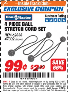 Harbor Freight ITC Coupon 4 PIECE BALL STRETCH CORD SET Lot No. 62838/47302 Expired: 11/30/18 - $0.99