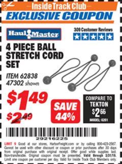 Harbor Freight ITC Coupon 4 PIECE BALL STRETCH CORD SET Lot No. 62838/47302 Expired: 3/31/19 - $1.49