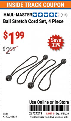 Harbor Freight ITC Coupon 4 PIECE BALL STRETCH CORD SET Lot No. 62838/47302 Expired: 8/31/20 - $1.99