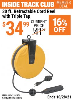 Harbor Freight ITC Coupon 30 FT. RETRACTABLE CORD REEL WITH TRIPLE TAP Lot No. 61642/62956/62953/66832 Expired: 10/28/21 - $34.99