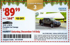 Harbor Freight Coupon 10  FT X 20 FT CAR CANOPY Lot No. 60728/69034/63054/62858/62857 Expired: 12/14/24 - $89.99