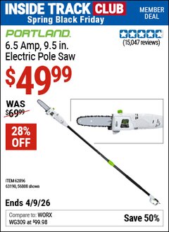 Harbor Freight ITC Coupon PORTLAND 6.5 AMP, 9.5 IN. ELECTRIC POLE SAW Lot No. 56808/62896/63190 Expired: 4/9/26 - $49.99