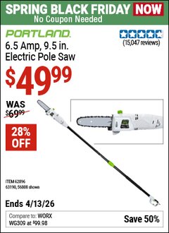 Harbor Freight Coupon PORTLAND 6.5 AMP, 9.5 IN. ELECTRIC POLE SAW Lot No. 56808/62896/63190 Expired: 4/12/26 - $49.99