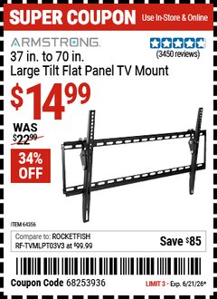 Harbor Freight Coupon ARMSTRONG 37 IN. TO 70 IN. LARGE TILT FLAT PANEL TV MOUNT Lot No. 64356 Valid Thru: 6/21/26 - $14.99