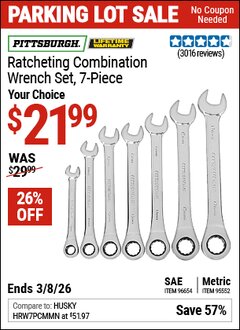 Harbor Freight Coupon PITTSBURGH METRIC RATCHETING COMBINATION WRENCH SET, 7-PIECE Lot No. 95552/96654 Expired: 3/8/26 - $21.99
