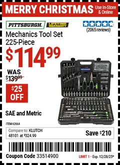 Harbor Freight Coupon PITTSBURGH MECHANICS TOOL SET, 225-PIECE Lot No. 62664 Expired: 12/28/25 - $114.99