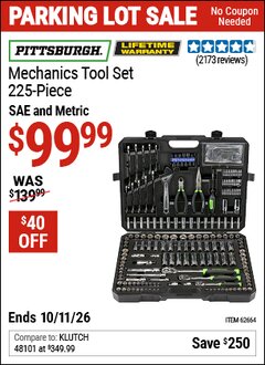 Harbor Freight Coupon PITTSBURGH MECHANICS TOOL SET, 225-PIECE Lot No. 62664 Valid Thru: 10/11/26 - $99.99