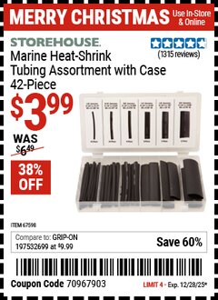 Harbor Freight Coupon STOREHOUSE MARINE HEAT-SHRINK TUBING ASSORTMENT WITH CASE, 42-PIECE Lot No. 67598 Expired: 12/28/25 - $3.99