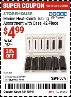 Harbor Freight Coupon STOREHOUSE MARINE HEAT-SHRINK TUBING ASSORTMENT WITH CASE, 42-PIECE Lot No. 67598 Expired: 5/25/26 - $4.99