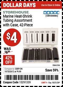 Harbor Freight Coupon STOREHOUSE MARINE HEAT-SHRINK TUBING ASSORTMENT WITH CASE, 42-PIECE Lot No. 67598 EXPIRES: 10/21/26 - $4