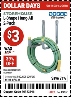 Harbor Freight Coupon STOREHOUSE L-SHAPE HANG-ALL, 2-PACK Lot No. 68997 Valid Thru: 4/8/26 - $3
