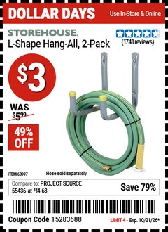 Harbor Freight Coupon STOREHOUSE L-SHAPE HANG-ALL, 2-PACK Lot No. 68997 EXPIRES: 10/21/26 - $3