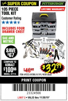 Harbor Freight Coupon 105 PIECE TOOL KIT WITH 4-DRAWER CHEST Lot No. 69323/69380/61591 Expired: 11/30/19 - $32.99