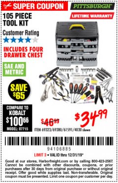 Harbor Freight Coupon 105 PIECE TOOL KIT WITH 4-DRAWER CHEST Lot No. 69323/69380/61591 Expired: 12/31/19 - $34.99