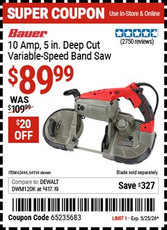 Harbor Freight Coupon BAUER 10 AMP, 5 IN. DEEP CUT VARIABLE-SPEED BAND SAW Lot No. 64194/63444 Expired: 5/25/26 - $89.99