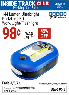 Harbor Freight ITC Coupon 144 LUMEN ULTRABRIGHT PORTABLE LED WORK LIGHT/FLASHLIGHT Lot No. 63878/62532/63601/63991/64005 Expired: 3/5/26 - $0.98
