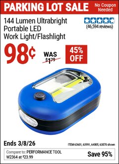 Harbor Freight Coupon 144 LUMEN ULTRABRIGHT PORTABLE LED WORK LIGHT/FLASHLIGHT Lot No. 63878/62532/63601/63991/64005 Expired: 3/8/26 - $0.98
