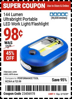 Harbor Freight Coupon 144 LUMEN ULTRABRIGHT PORTABLE LED WORK LIGHT/FLASHLIGHT Lot No. 63878/62532/63601/63991/64005 Expired: 3/15/26 - $0.98