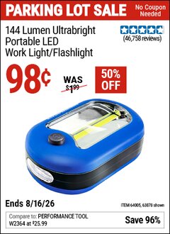 Harbor Freight Coupon 144 LUMEN ULTRABRIGHT PORTABLE LED WORK LIGHT/FLASHLIGHT Lot No. 63878/62532/63601/63991/64005 Expired: 8/16/26 - $0.98