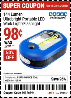 Harbor Freight Coupon 144 LUMEN ULTRABRIGHT PORTABLE LED WORK LIGHT/FLASHLIGHT Lot No. 63878/62532/63601/63991/64005 Expired: 8/23/26 - $0.98