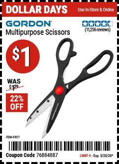 Harbor Freight Coupon GORDON MULTIPURPOSE SCISSORS Lot No. 47877/60274/63520 Expired: 5/20/26 - $1