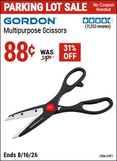 Harbor Freight Coupon GORDON MULTIPURPOSE SCISSORS Lot No. 47877/60274/63520 Expired: 8/16/26 - $0.88