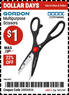 Harbor Freight Coupon GORDON MULTIPURPOSE SCISSORS Lot No. 47877/60274/63520 EXPIRES: 10/21/26 - $1