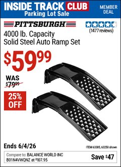 Harbor Freight ITC Coupon PITTSBURGH 4000 LB. CAPACITY SOLID STEEL AUTO RAMP SET Lot No. 63250/63305 Expired: 6/4/26 - $59.99