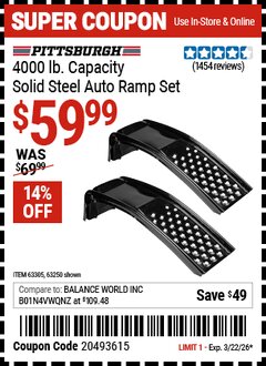 Harbor Freight Coupon PITTSBURGH 4000 LB. CAPACITY SOLID STEEL AUTO RAMP SET Lot No. 63250/63305 Valid Thru: 3/22/26 - $59.99