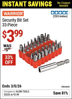 Harbor Freight Coupon WARRIOR SECURITY BIT SET, 33-PIECE Lot No. 68459 Valid Thru: 3/5/26 - $3.99