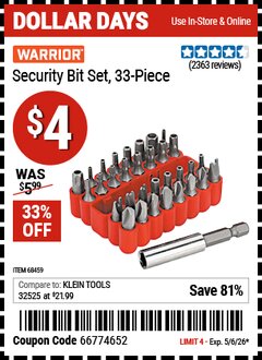 Harbor Freight Coupon WARRIOR SECURITY BIT SET, 33-PIECE Lot No. 68459 Expired: 5/6/26 - $4