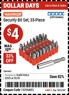 Harbor Freight Coupon WARRIOR SECURITY BIT SET, 33-PIECE Lot No. 68459 EXPIRES: 10/21/26 - $4
