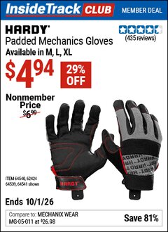 Harbor Freight Coupon HARDY PADDED MECHANICS GLOVES Lot No. 64539/64540/64541 Valid: 12/31/69 - 10/1/26 - $4.94