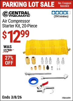 Harbor Freight Coupon CENTRAL PNEUMATIC AIR COMPRESSOR STARTER KIT, 20-PIECE Lot No. 64599 Expired: 3/8/26 - $12.99